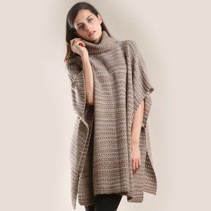 LOF Eyelet Turtle Neck Two Tone Knit Poncho